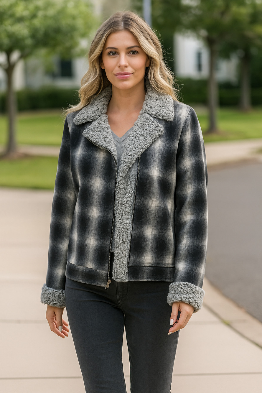 Vince Camuto Brushed Plaid Sherpa Trim Moto Jacket Sz Small Long Sleeve Pockets